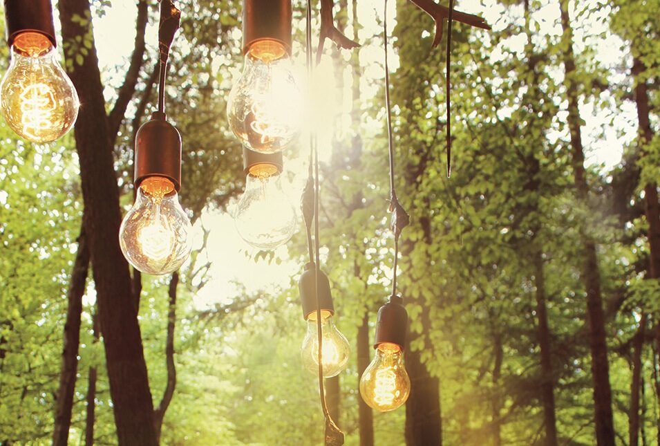 Hanging lights at an outdoor evening event